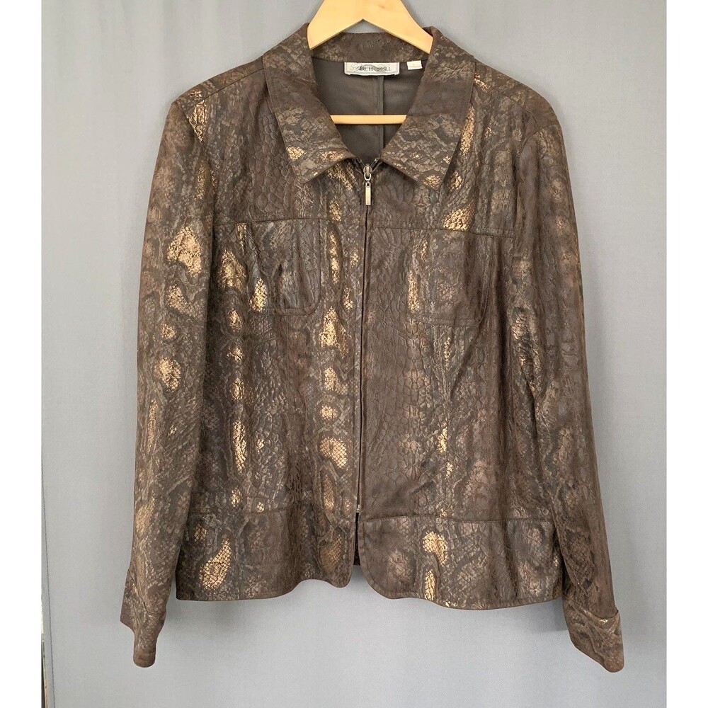 Vtg 80s Birch Hill Blazer Peplum Jacket Sz L Brown Bronze Metallic Snake Earthy